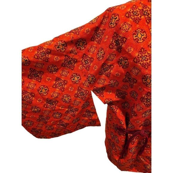 Vintage 50s 60s Red Kimono Jacket XXL Japan Haori Block Print Silk - Picture 2 of 7